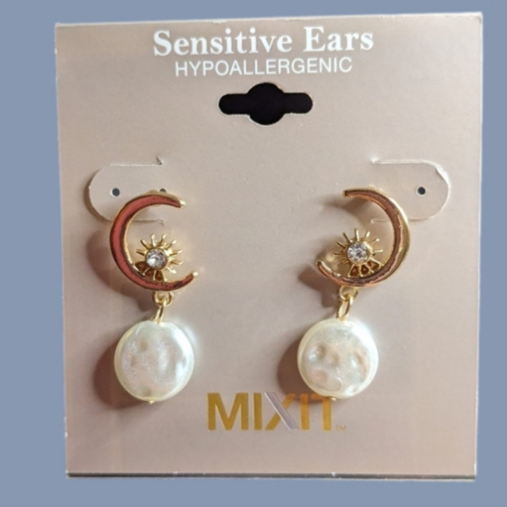 Mixit Gold Tone Moon and Rhinestone Star Faux Baroque Pearl Earrings